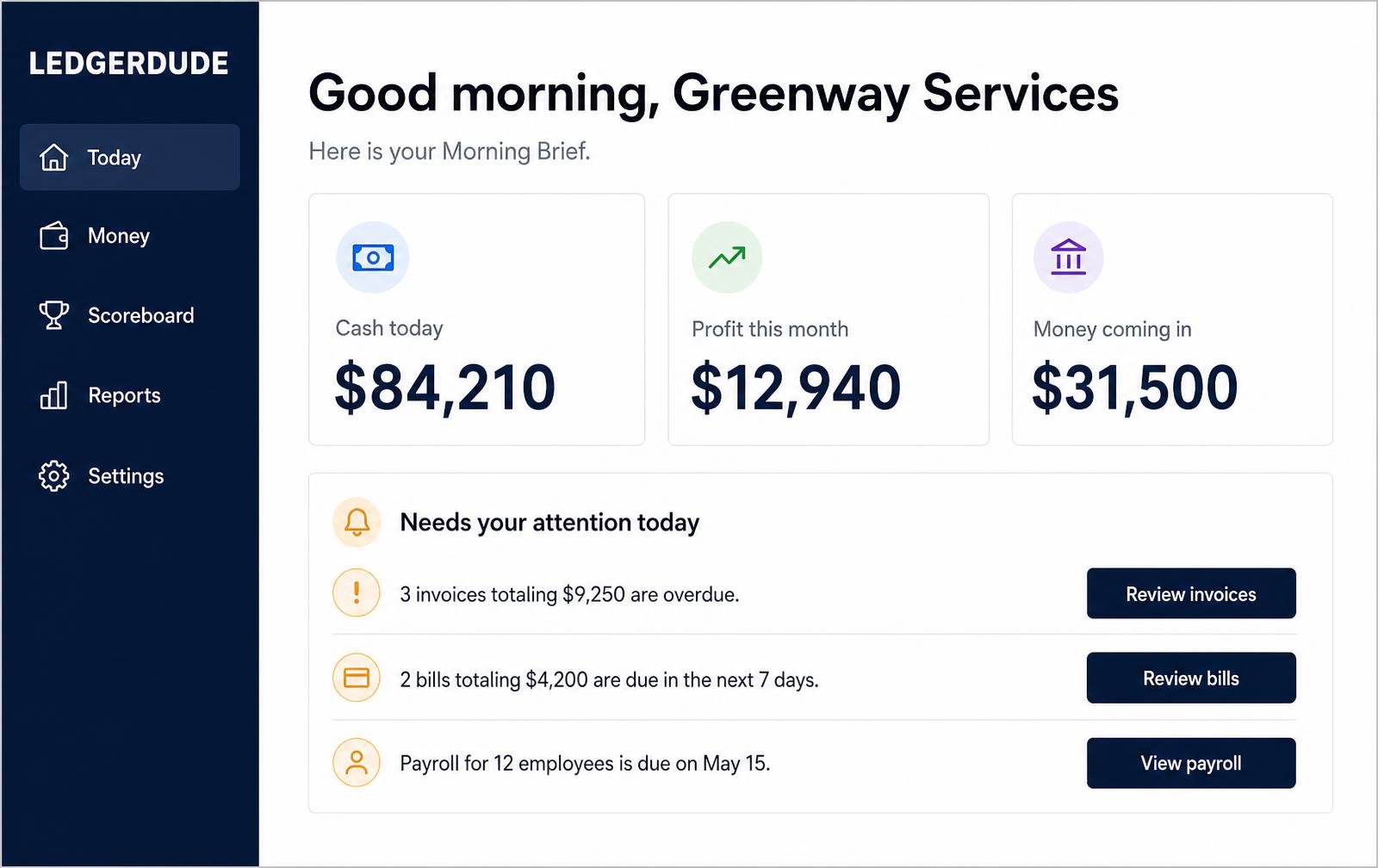 The LedgerDude Morning Brief showing cash, yesterday's activity and what needs attention